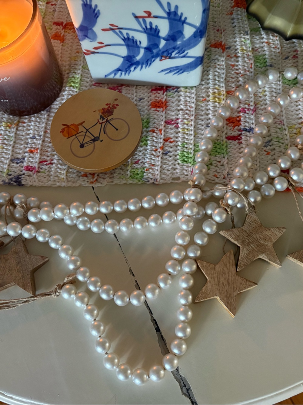 Pearl Bead Garland with Wooden Star Ornaments - White